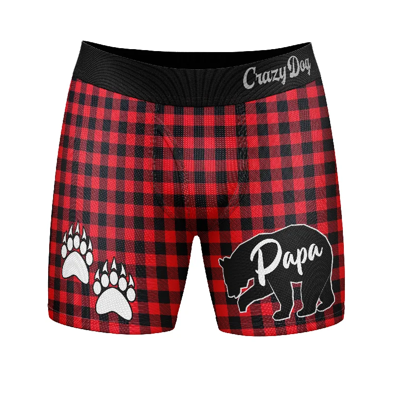 Men's supporter shirts-Mens Papa Bear Boxers Funny Fathers Day Paw Print Plaid Graphic Novelty Underwear For Guys