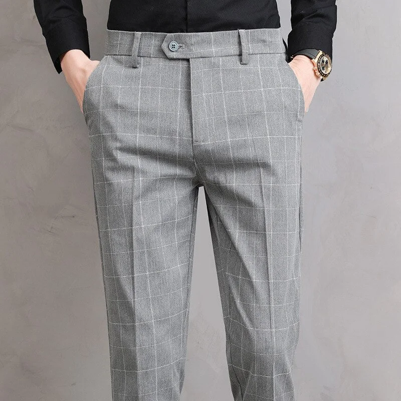 Men's pants low cost-Men's Polyester Zipper Fly Closure Plaid Pattern Casual Pants