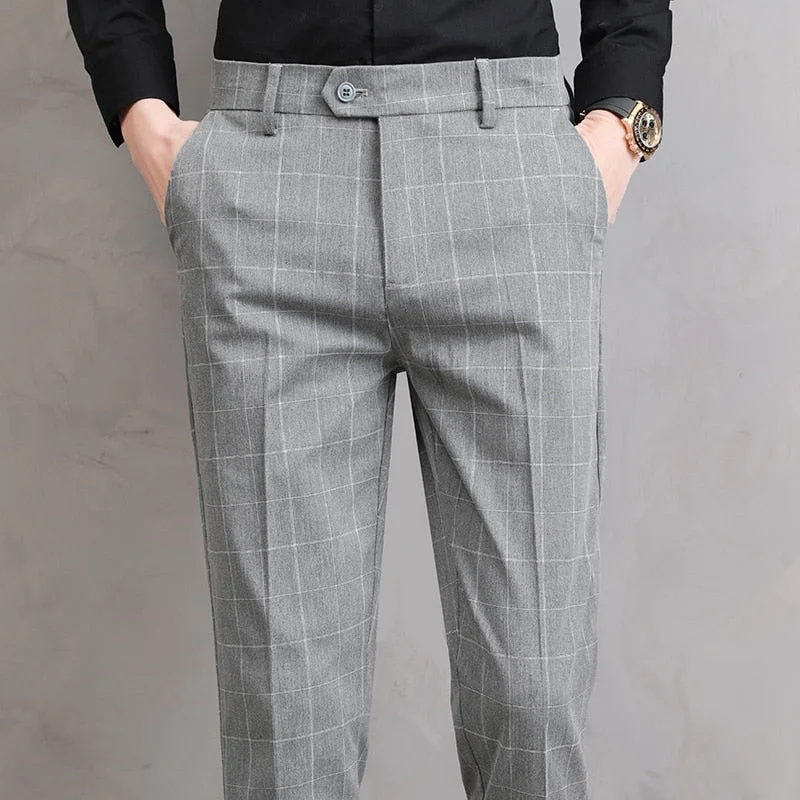 Men's pants organic cotton-Men's Polyester Zipper Fly Closure Plaid Pattern Formal Pants