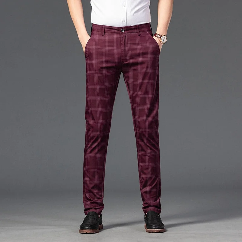 Men's pants for hiking trails-Men's Polyester Zipper Fly Closure Plaid Pattern Formal Pants