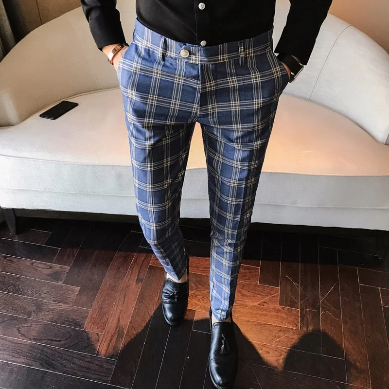 Men's pants with faint style-Men's Polyester Zipper Fly Closure Plaid Vintage Formal Pants