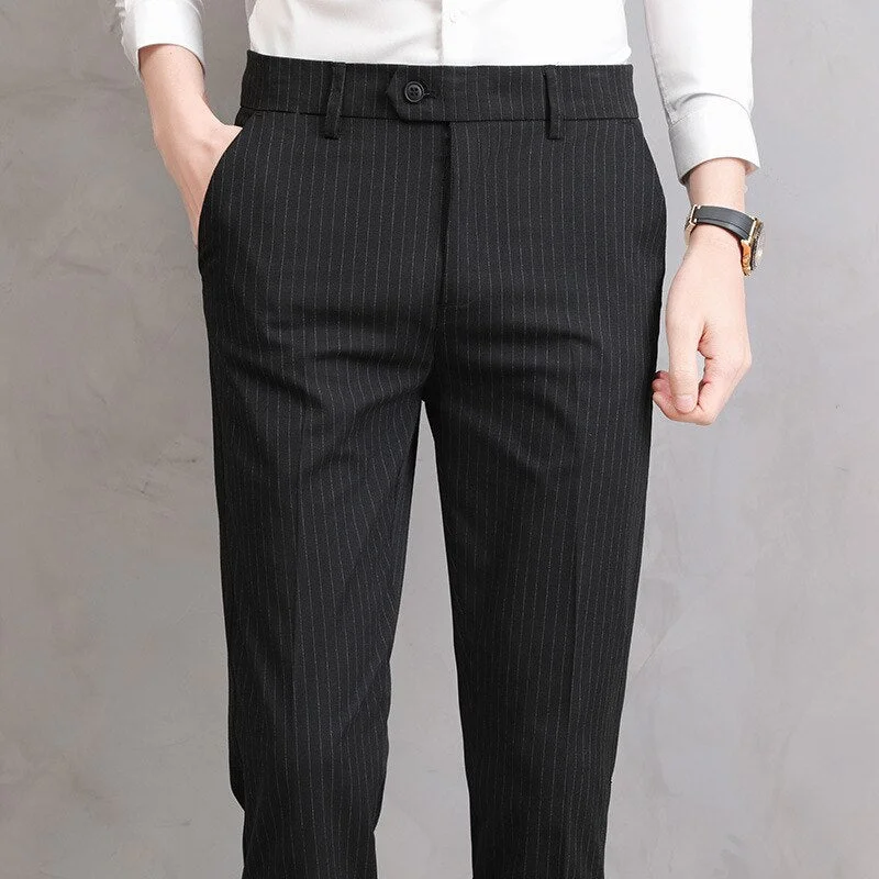 Men's pants with fitted legs-Men's Polyester Zipper Fly Closure Striped Pattern Casual Pants