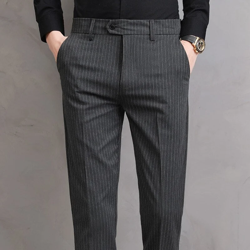 Men's pants with wide pockets-Men's Polyester Zipper Fly Closure Striped Pattern Casual Pants