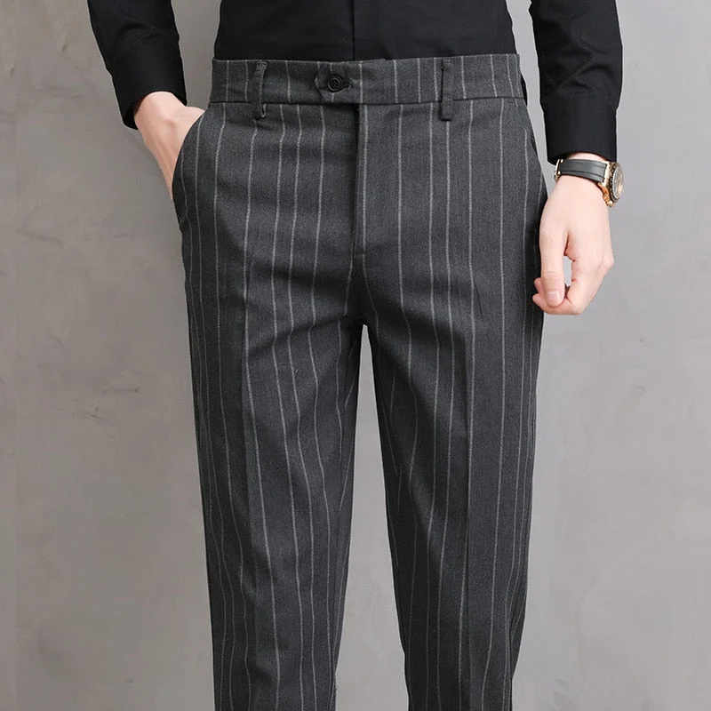 Men's pants with firm tones-Men's Polyester Zipper Fly Closure Striped Pattern Casual Pants