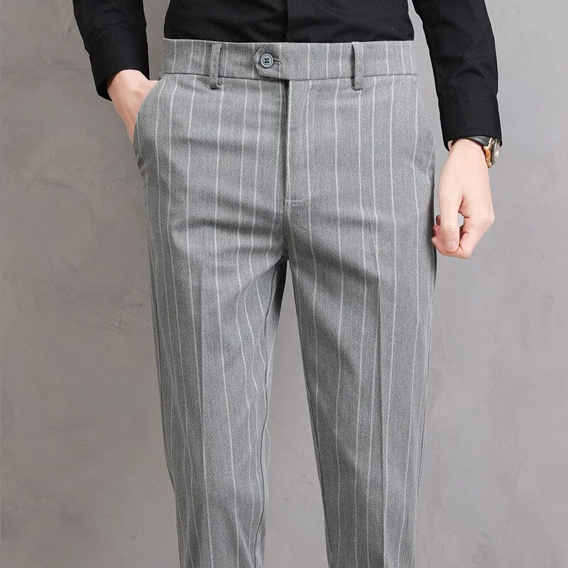 Men's pants for students-Men's Polyester Zipper Fly Closure Striped Pattern Casual Pants