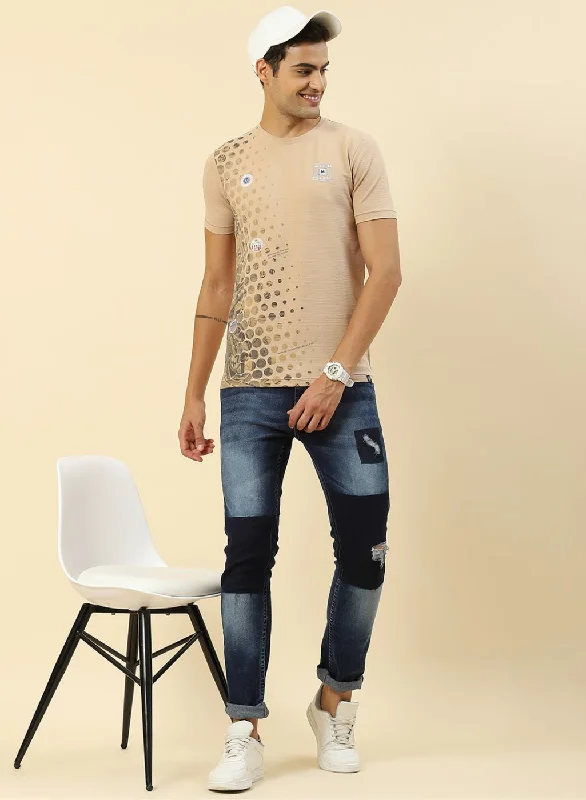 men’s classic v-neck short sleeve shirts -Men Beige Printed T-Shirt