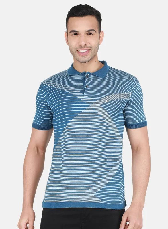 men’s classic short sleeve shirts with patterns -Men Blue Self Design T-Shirt