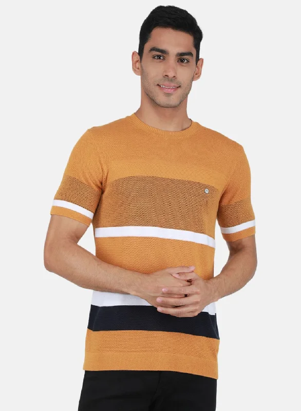 versatile short sleeve shirts for travel wear -Men Mustard Self Design T-Shirt