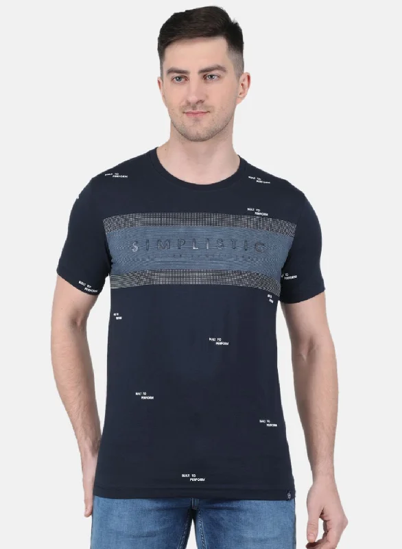 men’s classic short sleeve shirts with pocket -Men NAvy Blue Printed T-Shirt