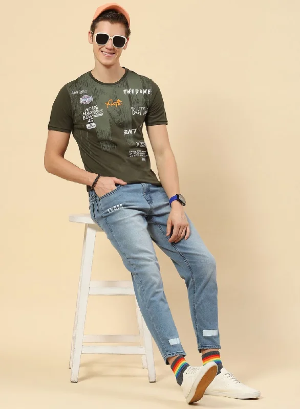 comfortable and cool short sleeve polo shirts -Men Olive Printed T-Shirt