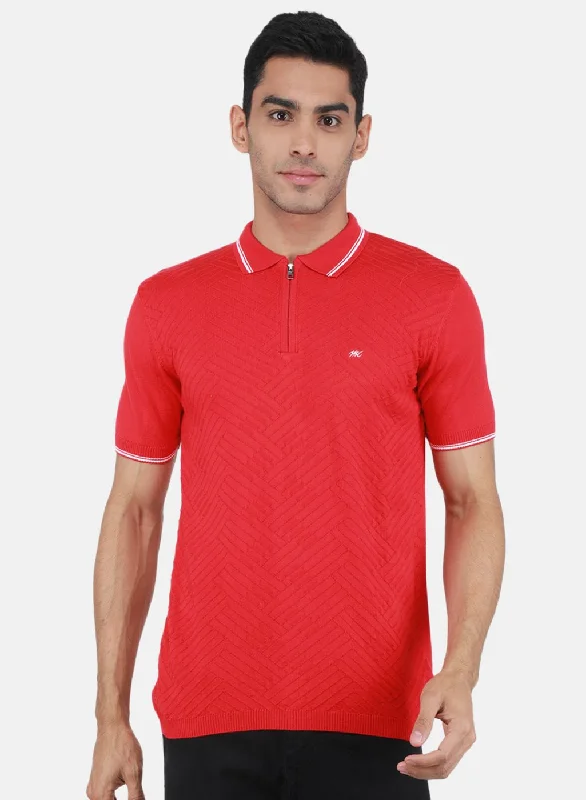 modern short sleeve t-shirts for casual outings -Men Red Self Design T-Shirt