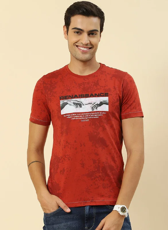 high-quality men’s short sleeve shirts -Men Rust Orange Printed T-Shirt