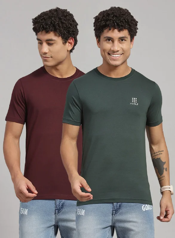 men’s soft fabric short sleeve shirts -Men Green Solid T-Shirt 2 Pc