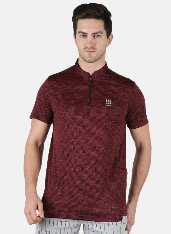 trendy summer short sleeve shirts for men -Men Maroon Self Design Collar T-Shirt