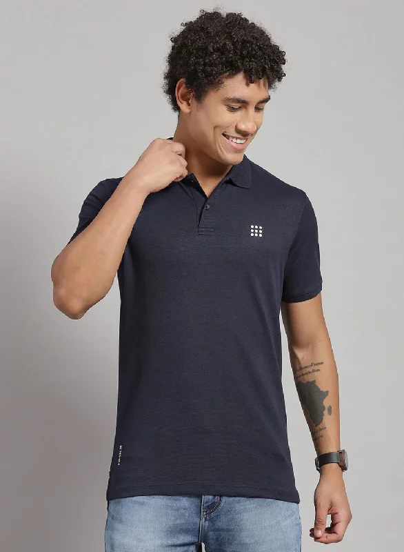 men’s printed short sleeve shirts with logos -Men NAvy Blue Solid T-Shirt