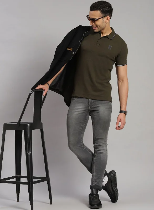 trendy short sleeve shirts for men with bold designs -Men Olive Solid T-Shirt