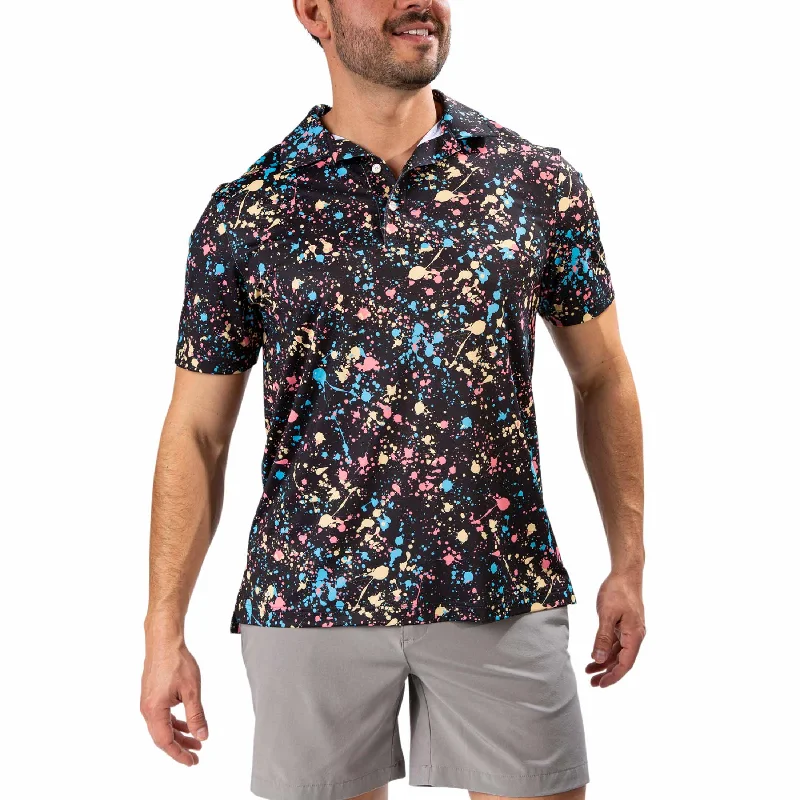 men’s casual summer short sleeve shirts -Chubbies The Paint Drips Performance Polo Shirt - Black - Pattern Base (Plaids)